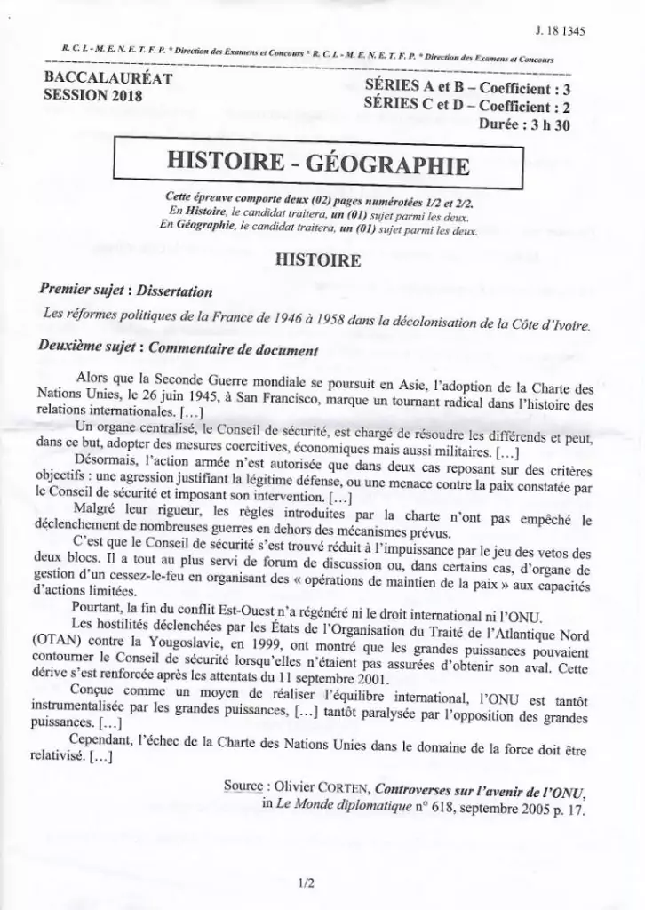 sujet de bac cote d'ivoire pdf